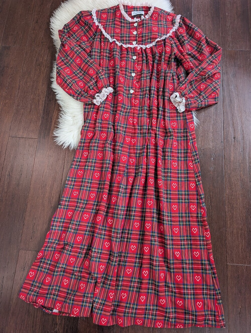 Lanz Of Salzburg Eileen West 100% Cotton Vintage Nightgown Plaid Flannel Hearts